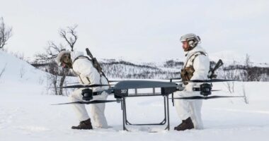 Troops moving the T150B drone. Photo: UK Royal Navy