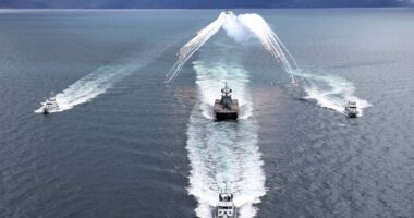11 MAY 2026 - Wildcat HMA2s from 815 Naval Air Squadron conduct a photo exercise with P2000s and a Royal Norwegian Navy Skjold-class corvette, during Exercise Tamber Shield in Norway. Now in its fourth consecutive year, Tamber Shield continues to demonstrate the effectiveness of enhanced interoperability between the two maritime forces. For the first time, Puma surveillance drones from 700X NAS will also participate in the exercise, enabling the Fleet Air Arm to develop its crewed-uncrewed teaming (CUC-T) capability against small, agile threats.