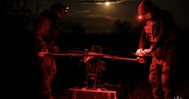 Troops setting up a drone at night. Photo: Ukrainian Ministry of Defence