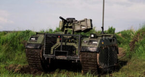 THeMIS unmanned ground vehicle integrated with the BURIA remote weapon station. Image: Milrem Robotics