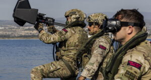 Pictured: Royal Marines from 30 Commando Royal Marines Air Defence Troop training with the Kirintec Recurve C-UAS System on board a Commando Raiding Craft (CRC) during an Exercise in the Mediterranean. The Kirintec Recurve C-UAS is designed to jam a drone's operating frequency, testing its effectiveness against suspect/hostile UAS. Royal Marines Air Defence Troop is a small unit within 3 Commando Brigade's 30 Commando IX Group. Air Defence Troop provide point air defence for the Brigade. The Air Defence Troop normally use portable surface-to-air missiles in the form of the Starstreak High Velocity Missile system.