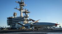 An MQ-25 Stingray test asset conducts deck handling maneuvers while underway aboard USS George H.W. Bush (CVN -77). Photo: US Navy photo