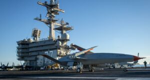 An MQ-25 Stingray test asset conducts deck handling maneuvers while underway aboard USS George H.W. Bush (CVN -77). Photo: US Navy photo