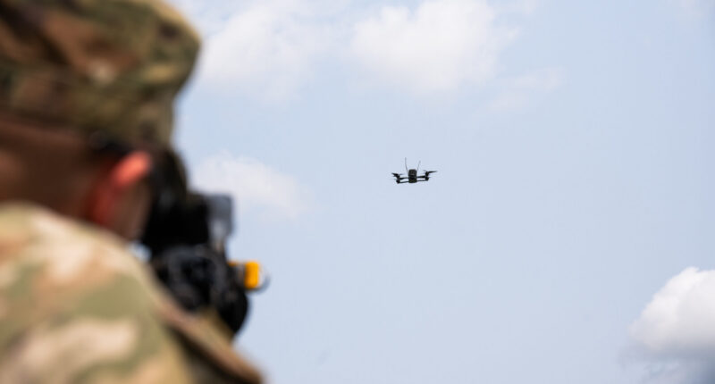 U.S. Soldiers assigned to 3rd Squadron, 2nd Cavalry Regiment practice target lock-on against an incoming drone during Project Flytrap at Joint Multinational Readiness Center, Hohenfels Training Area, Hohenfels, Germany, June 9, 2025. The Soldiers attached a Smartshooter SMASH 2000L to M4A1 carbine rifles for improved sight picture and accuracy. (U.S. Army photo by Spc. Elijah Magaña)